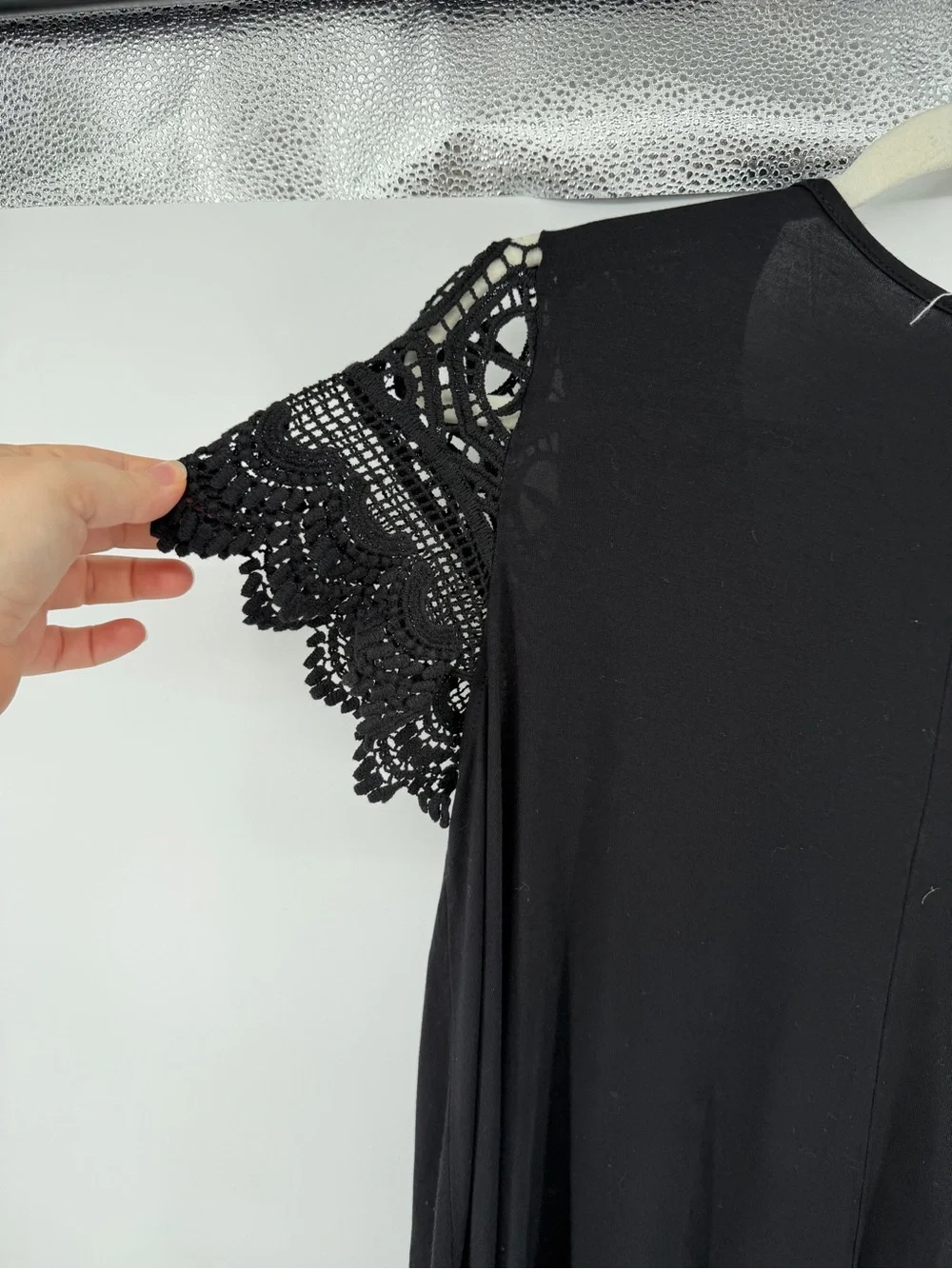 Whimsigoth Coqette Cottagecore Boho Witchy‎ Black Crochet Lace-Sleeve Top SzM